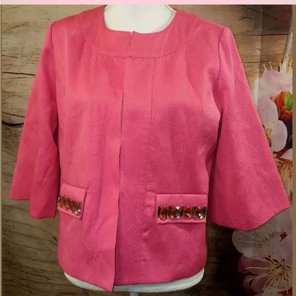 Laura Ashley Plus Petites Pink Textured Jacquard Jacket Blazer PL Jeweled
